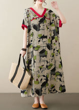 Load image into Gallery viewer, Plus Size Green V Neck Print Patchwork Linen Long Dresses Summer