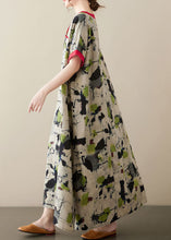 Load image into Gallery viewer, Plus Size Green V Neck Print Patchwork Linen Long Dresses Summer