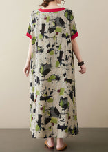 Load image into Gallery viewer, Plus Size Green V Neck Print Patchwork Linen Long Dresses Summer