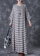 Load image into Gallery viewer, Plus Size Grey Oversized Striped Linen Ankle Dress Gown Batwing Sleeve