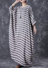 Load image into Gallery viewer, Plus Size Grey Oversized Striped Linen Ankle Dress Gown Batwing Sleeve