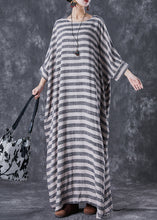 Load image into Gallery viewer, Plus Size Grey Oversized Striped Linen Ankle Dress Gown Batwing Sleeve