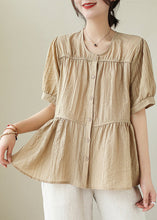 Load image into Gallery viewer, Plus Size Khaki O-Neck Patchwork Wrinkled Cotton Shirt Summer