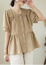 Load image into Gallery viewer, Plus Size Khaki O-Neck Patchwork Wrinkled Cotton Shirt Summer