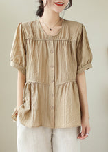 Load image into Gallery viewer, Plus Size Khaki O-Neck Patchwork Wrinkled Cotton Shirt Summer