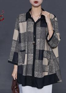 Plus Size Khaki Plaid Patchwork Chiffon Shirts Spring