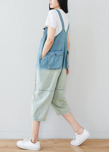 Plus Size Light Blue Patchwork Gradient Color Cotton Overalls Jumpsuit Spring