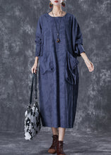 Load image into Gallery viewer, Plus Size Navy Asymmetrical Pockets Striped Linen Gown Dresses Fall