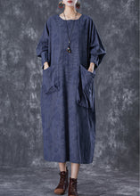 Load image into Gallery viewer, Plus Size Navy Asymmetrical Pockets Striped Linen Gown Dresses Fall