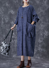 Load image into Gallery viewer, Plus Size Navy Asymmetrical Pockets Striped Linen Gown Dresses Fall