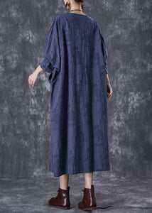 Plus Size Navy Asymmetrical Pockets Striped Linen Gown Dresses Fall