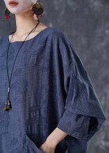 Load image into Gallery viewer, Plus Size Navy Asymmetrical Pockets Striped Linen Gown Dresses Fall