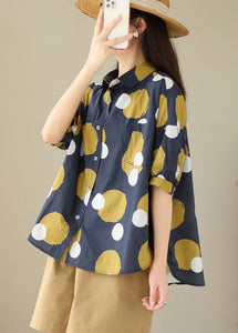 Plus Size Black abstract Peter Pan Collar Print Cotton Shirt Tops Summer