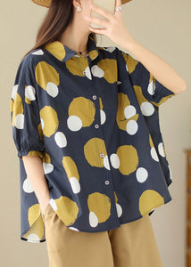 Plus Size Yellow sunflower Peter Pan Collar Print Cotton Shirt Tops Summer