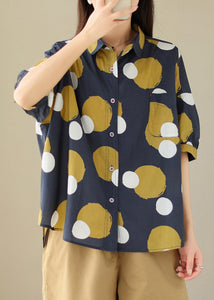 Plus Size Yellow sunflower Peter Pan Collar Print Cotton Shirt Tops Summer