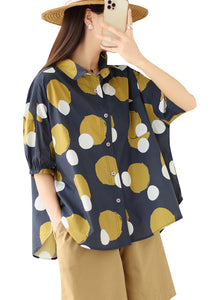 Plus Size Black abstract Peter Pan Collar Print Cotton Shirt Tops Summer