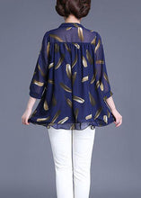 Load image into Gallery viewer, Plus Size Navy Print Wrinkled Patchwork Chiffon Blouse Tops Summer