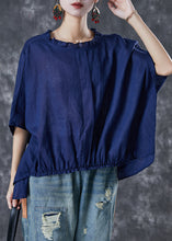 Load image into Gallery viewer, Plus Size Navy Ruffled Low High Design Linen Top Short Sleeve