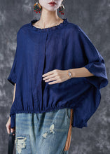 Load image into Gallery viewer, Plus Size Navy Ruffled Low High Design Linen Top Short Sleeve