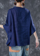 Load image into Gallery viewer, Plus Size Navy Ruffled Low High Design Linen Top Short Sleeve