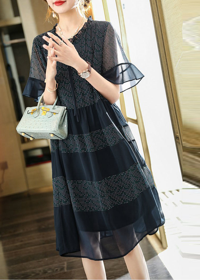 Plus Size Navy Ruffled Print Chiffon Dress Flare Sleeve