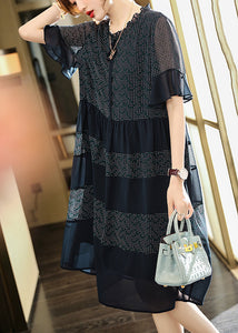 Plus Size Navy Ruffled Print Chiffon Dress Flare Sleeve