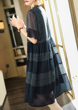 Load image into Gallery viewer, Plus Size Navy Ruffled Print Chiffon Dress Flare Sleeve