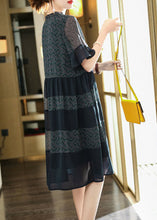 Load image into Gallery viewer, Plus Size Navy Ruffled Print Chiffon Dress Flare Sleeve