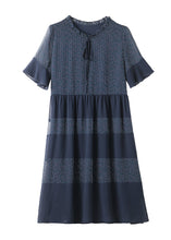 Load image into Gallery viewer, Plus Size Navy Ruffled Print Chiffon Dress Flare Sleeve