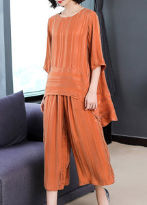 Plus Size Orange O-Neck Patchwork Silk Two Piece Set Women Clothing Summer