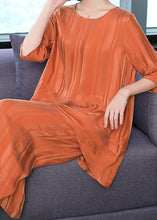 Load image into Gallery viewer, Plus Size Orange O-Neck Patchwork Silk Two Piece Set Women Clothing Summer