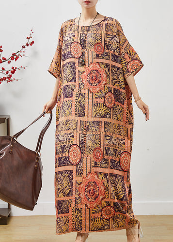 Plus Size Orange Oversized Print Cotton Vacation Dress Summer