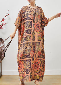 Plus Size Orange Oversized Print Cotton Vacation Dress Summer