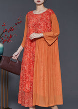 Load image into Gallery viewer, Plus Size Orange Print Patchwork Silk Long Dress Bracelet Sleeve