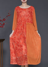 Load image into Gallery viewer, Plus Size Orange Print Patchwork Silk Long Dress Bracelet Sleeve