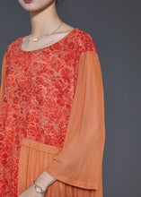 Load image into Gallery viewer, Plus Size Orange Print Patchwork Silk Long Dress Bracelet Sleeve