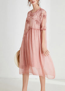 Plus Size Pink Embroidered Floral Chiffon Maxi Dress Short Sleeve