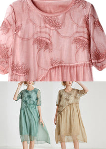 Plus Size Pink Embroidered Floral Chiffon Maxi Dress Short Sleeve