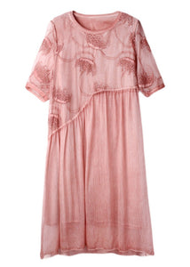 Plus Size Pink Embroidered Floral Chiffon Maxi Dress Short Sleeve