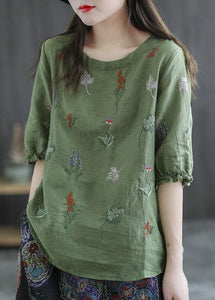 Plus Size Green bamboo Embroidered O-Neck Half Sleeve Ramie Blouses Summer