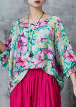 Load image into Gallery viewer, Plus Size Pink O-Neck Floral Print Linen Blouses Summer