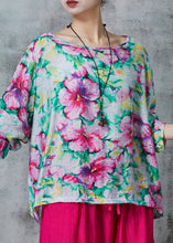 Load image into Gallery viewer, Plus Size Pink O-Neck Floral Print Linen Blouses Summer