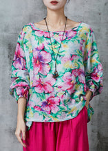 Load image into Gallery viewer, Plus Size Pink O-Neck Floral Print Linen Blouses Summer