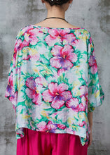 Load image into Gallery viewer, Plus Size Pink O-Neck Floral Print Linen Blouses Summer