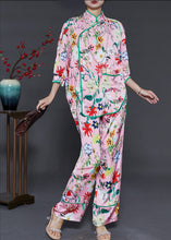 Load image into Gallery viewer, Plus Size Pink Oversized Print Silk Oriental Two Pieces Set Spring