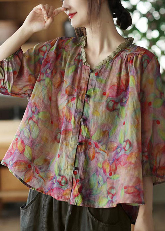 Plus Size Pink V Neck Ruffled Print Linen Blouse Top Half Sleeve