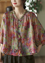 Load image into Gallery viewer, Plus Size Pink V Neck Ruffled Print Linen Blouse Top Half Sleeve