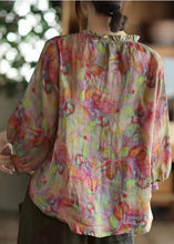 Load image into Gallery viewer, Plus Size Pink V Neck Ruffled Print Linen Blouse Top Half Sleeve