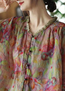 Plus Size brown geometry V Neck Ruffled Print Linen Blouse Top Half Sleeve