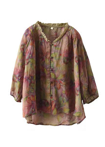 Plus Size brown geometry V Neck Ruffled Print Linen Blouse Top Half Sleeve